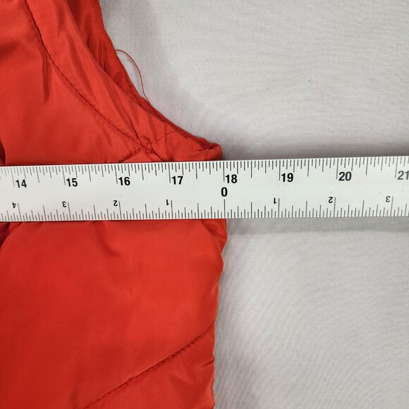 Green Tea Hooded Puffer Vest Sz Med Orange Red Faux Fur Zip Snap Up Sherpa Lined - Picture 5 of 10